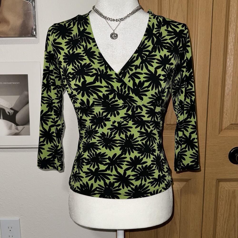 INC International Concepts Y2K Top Womens XS Green Black Floral Stretch Blouse